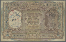 01131 India / Indien: 1000 Rupees Issue For BOMBAY P. 47, Used With Folds, Stains, Writings On Note, Larger Holes Caused - India