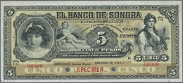 01713 Mexico: El Banco De Sonora 5 Pesos 1911 SPECIMEN, P.S419s, Punch Hole Cancellation And Red Overprint Specimen At L - Messico