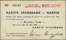 01921 Norway / Norwegen: 5 Kroner 1940 P. NL Private Issue "Narvik Sparebank" In Slightly Used Condition With A Center F - Norvège