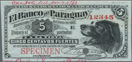 01960 Paraguay: 5 Centavos Fuertes 1882 Specimen P. S121s With Serial Number 12345, Printers Annotations At Upper And Lo - Paraguay