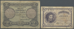 01986 Poland / Polen: 1 Zloty 1919 And 2 Zlote 1925, P.47, 51, Both In F- Condition With Many Folds, Stained Paper And S - Pologne