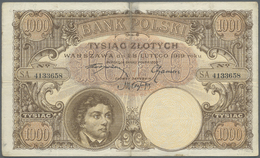 01989 Poland / Polen: 1000 Zlotych 1919, P.59, Vertical And Horizontal Fold At Center, Lightly Stained Paper And Tiny Ho - Pologne