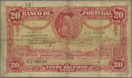 02006 Portugal: 20 Escudos 1925, P.135, Well Worn Condition With Many Folds And Creases, Stained Paper, Annotations And - Portogallo