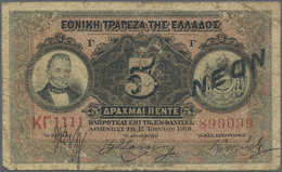 00934 Greece / Griechenland: 5 Drachmai 1918 (1922) With Overprint "NEON", P.64 In Well Worn Condition With Many Folds, - Grecia
