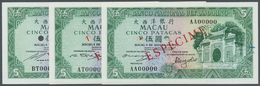 01607 Macau / Macao: Set Of 3 Different Signature Specimens Of 5 Patacas 1981 Specimen P. 58s, Zero Serial Numbers And S - Macao