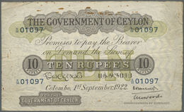00529 Ceylon: 10 Rupees 1922 P. 12c, Rare Note Used With Folds And Craeses, Stain Traces At Upper Border, No Holes Or Te - Sri Lanka