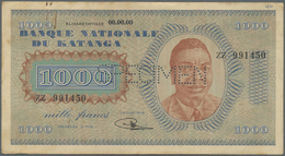 01333 Katanga: 1000 Francs 1960 Specimen With Regular Serial Number P. 10s, Used With Light Handling And Stain In Paper, - Autres - Afrique