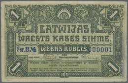 01381 Latvia / Lettland: UNIQUE Banknote Of 1 Rublis 1919 P. 2a, Issued With Series "B" And Serial Number #000001, This - Lettonia