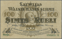 01419 Latvia / Lettland: Rare SPECIMEN Note Of 100 Rubli 1919 P. 7a-b,s, Series "A", Sign. Purins, Zero Serial Number, P - Lettonia