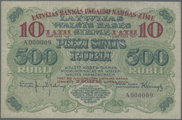 01461 Latvia / Lettland: 10 Latu On 500 Rubli 1920 P. 13, Highly Rare With Very Low Serial #A000009, 9th Ever Printed No - Latvia