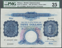 01642 Malaya: 50 Dollars 1942, P.14, Highly Rare Note With Several Folds, Some Spots And Tiny Hole At Center, PMG Graded - Malaysia