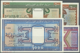 01687 Mauritania / Mauretanien: Set Of 4 Specimen Notes Containing 100, 200, 500 And 1000 Ouguyia 1989 P. 4s-7s All In C - Mauritanie
