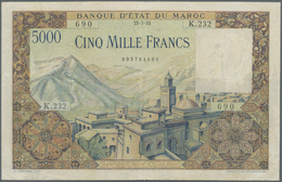 01757 Morocco / Marokko: 5000 Francs 1953 P. 49 Light Folds In Paper, Probably Pressed, No Holes, Minor Border Tears, Co - Morocco