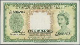 01635 Malaya & British Borneo: 5 Dollars 1953, P.2, Very Nice And Attractive Banknote With Vertical Fold At Center And A - Malaysia