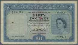 01640 Malaya & British Borneo: 50 Dollars 1953 P. 4a, Used With Vertical And Horizontal Folds, Ink Stains At Left, A 1cm - Malaysie