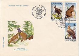 65147- BLAK GROUSE, GREY PARTRIDGE, CHAMOIS, MARMOT, EAGLE, BIRDS, RETEZAT NATIONAL PARK, COVER FDC, 1985, ROMANIA - Patrijzen, Kwartels