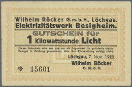 04305 Deutschland - Notgeld - Württemberg: Löchgau, Wilhelm Röcker GmbH, Elektrizitätswerk Besigheim, 1 Kilowattstunde L - [11] Local Banknote Issues