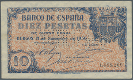 02985 Spain / Spanien: 10 Pesetas 1936 With Cancellation "inutilizado", Regular Serial Number, P. 98s, Light Center Fold - Altri & Non Classificati
