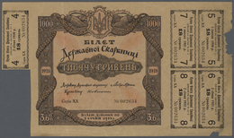 03156 Ukraina / Ukraine: 1000 Hriven 1918 P. 15, One Vertical Fold, One Coupon Cut Out At Left Border, Small Parts Missi - Ukraine