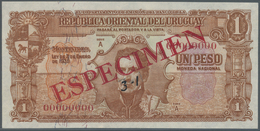 03467 Uruguay: 1 Peso 1939 Specimen P. 35s, Zero Serial Numbers, Red Specimen Overprint, Vertical Folds And Light Handli - Uruguay