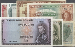 03694 Malta: Set With 7 Banknotes 1 Shilling Ovpt On 2 Shillings ND(1940) P.15 (F-), 2 Shillings ND(1940-43) P.17 (VF), - Malte