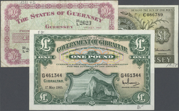 03800 Alle Welt: Set With 3 Banknotes Gibraltar 1 Pound 1965 P.18 (VF), Guernsey 10 Shillings 1966 P.42c (F-) And 1 Poun - Autres & Non Classés