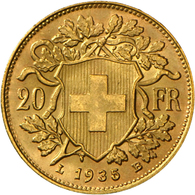 05196 Schweiz - Anlagegold: 20 Franken 1935 B (Vreneli), KM 35, Vorzüglich. - Altri & Non Classificati