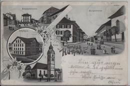 Gruss Aus Huttwil - Bahnhofstrasse, Hauptstrasse, Schulhaus, Kirche - Litho - Huttwil