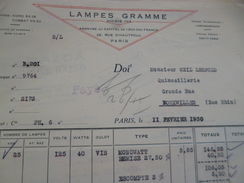 Facture 11/02/1930 Lampes Gramme Paris - 1900 – 1949