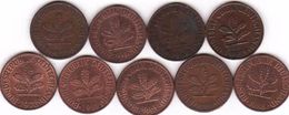 Germany, FRG, 9 Different 2 Pfennig 1959, 1969, 1970, 1972, 1981, 1978, 1986, 1988, 1991 - 2 Pfennig