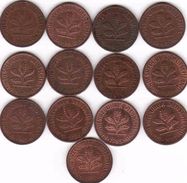 Germany, FRG, 13 Different 1 Pfennig 1969, 1974, 1975, 1976, 1978, 1979, 1981,1982, 1983, 1985, 1986, 1990,1994 - 1 Pfennig