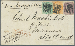 Br Aden: 1865 Cover From ADEN To Inverness, Scotland Franked With India 1865 4a. Green, 2a. Orange And 8p. Purple Each C - Yémen