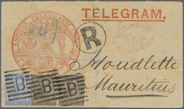 Br Aden: 1888 Registered Telegram, Printed By 'The Eastern Telegraph Company', Used From Aden To Mauritius, Franked With - Yemen