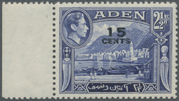 ** Aden: 1951 KGV. 15c. On 2½a. Deep Ultramarine, Variety SURCHARGE DOUBLE, Sheet Margin At Left, Stamp Mint Never Hinge - Yemen