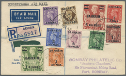 Br Bahrain: 1948 Registered Airmail Cover (Indian Flag Envelope) To Bombay Franked With 10 Different Optd. KGVI. Stamps - Bahrein (1965-...)