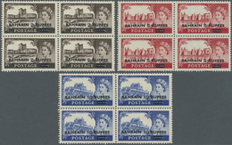 ** Bahrain: 1955, Overprints On GB "Castles", Three Values Each As Block Of Four, Unmounted Mint (some Uneven Perfs) Rar - Bahrein (1965-...)