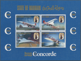 ** Bahrain: 1976, Concorde First Flight Bahrain-London, Souvenir Sheet With Four Diagonal Red SPECIMEN Overprints. - Bahreïn (1965-...)