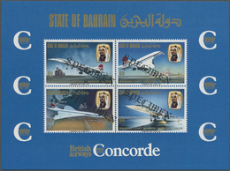 ** Bahrain: 1976, Concorde First Flight Bahrain-London, Souvenir Sheet With Four Diagonal Black SPECIMEN Overprints. - Bahrein (1965-...)