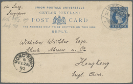 Ceylon / Sri Lanka: 1897, Stationery Reply-card Ceylon 5 C Blue Commercially Used From "RUDOLFSTADT 24.1.97" Back Via Su - Sri Lanka (Ceylon) (1948-...)