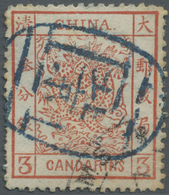 O China: 1883, Large Dragon Thick Paper Canc. Full Strike Blue Seal "PEKING", Also Corner Cancel Ot Customs Dater. - Autres & Non Classés