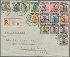 Br China: 1923, Junk 1/2 C.-10 C.-ex (14) W. 1 C./3 C. Tied "SHANGHAI 2.11.31" To Registered Cover Via Siberia To Munich - Autres & Non Classés