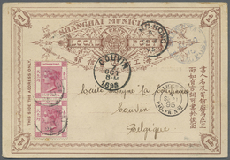 GA China - Shanghai: 1895, Stationery Card 1 C. Brown Canc. Blue "SHANGHAI I AUG 30 95" In Combination W. Hong Kong QV 2 - Autres & Non Classés