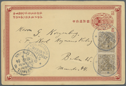 GA China - Ganzsachen: 1898, Double Card 1 C. Reply Part Used As Form W. Germany 3 Pf. (pair) Franked Tied "Imp. Germany - Postcards