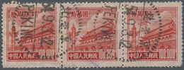 O China - Volksrepublik: 1951, Tien An Men 5th Printing $100.000, A Horizontal Strip-3 Canc. "PEKING 54.9.3" (Michel Cat - Altri & Non Classificati