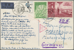 China - Volksrepublik: 1959, 20 F. Tenth Anniversary Etc. Tied "Peking 1959.10.15" To Ppc By Air Mail To Germany, Air Ro - Autres & Non Classés