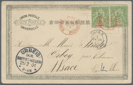 Französisch-Indochina: 1901, Pair 5 C Green/red (one Stamp Minor Round Corner) Tied By RED "HANOI A HAIPHONG 25 JANV 01 - Lettres & Documents