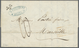 Br Holyland: 1854, "Jaffa" Black Oneliner Of French Levant Post Office On Folded Envelope With Blue Senders Mark, Red Bo - Palestina