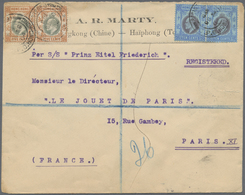 Br Hongkong: 1905. Registered Envelope (small Tear At Right) To France Bearing SG 65, 5c Orange And Dull Green (pair) An - Autres & Non Classés