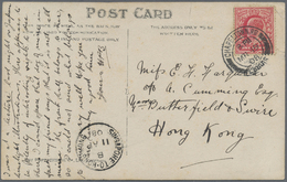 Br Hongkong: 1908. Picture Post Card Written From Leeds Addressed To Hong Kong Bearing SG 219, 1 D Scarlet Tied By Chape - Other & Unclassified