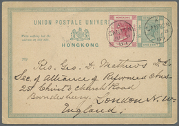 GA Hongkong - Treaty Ports: 1889. Hong Kong Postat Stationery Card One Cent Green Upgraded With SG 33, 2c Carmine Tied B - Altri & Non Classificati